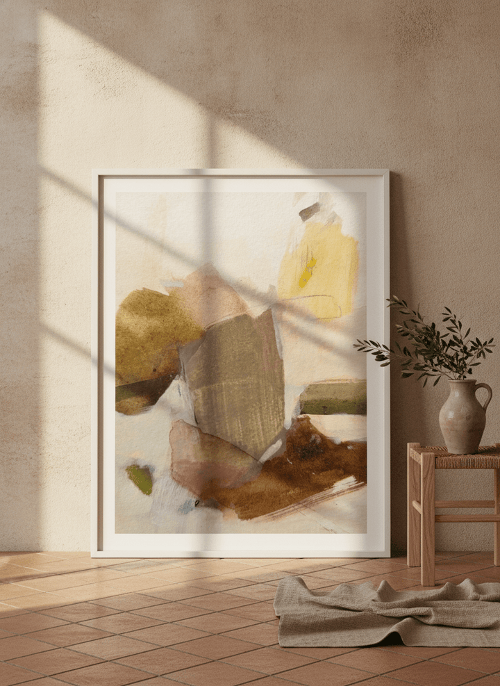 Modern wall art print leaning against the wall in a Mediterranean home office