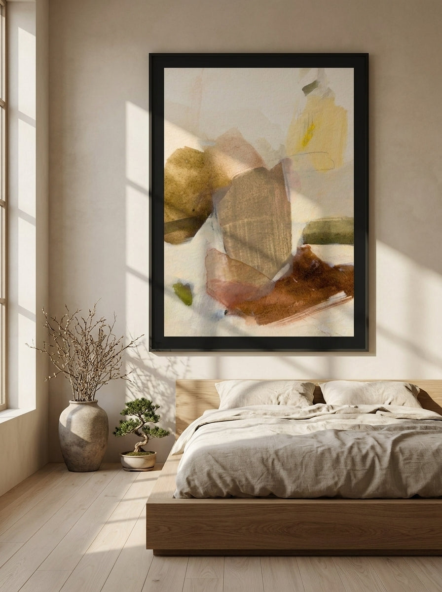 Oversized statement modern wall art print styled on the wall in a warm Japandi bedroom