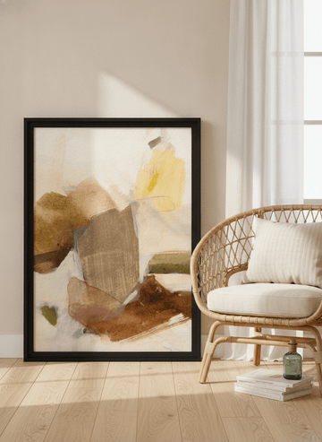 Modern wall art print leaning against the wall in a coastal living room