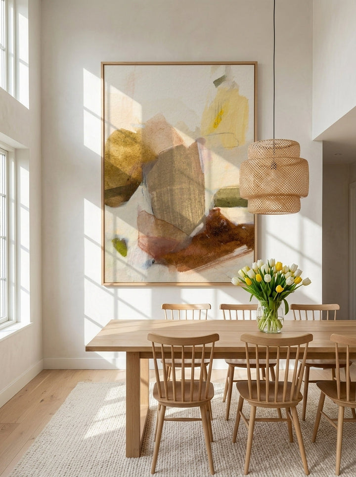 Oversized statement modern wall art print styled on the wall in a bright Scandinavian dining room