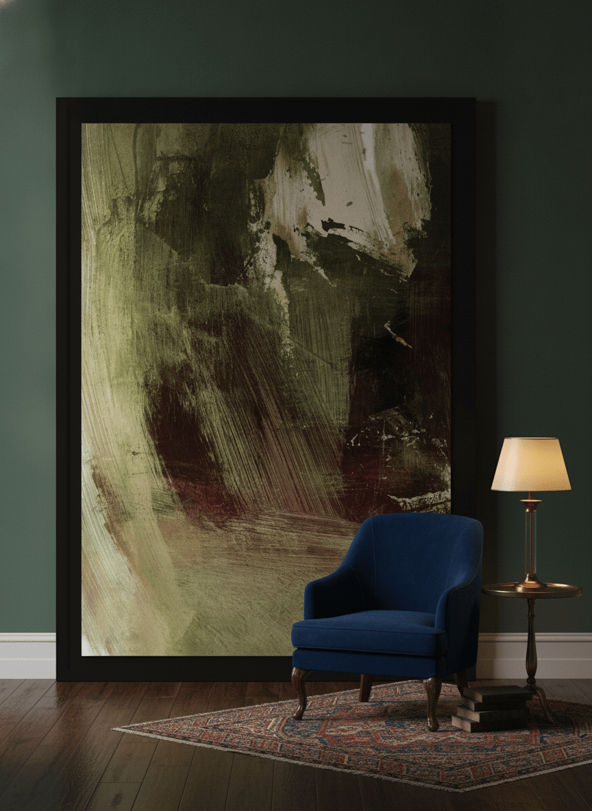 Oversized statement modern wall art print leaning against the wall in a moody home office