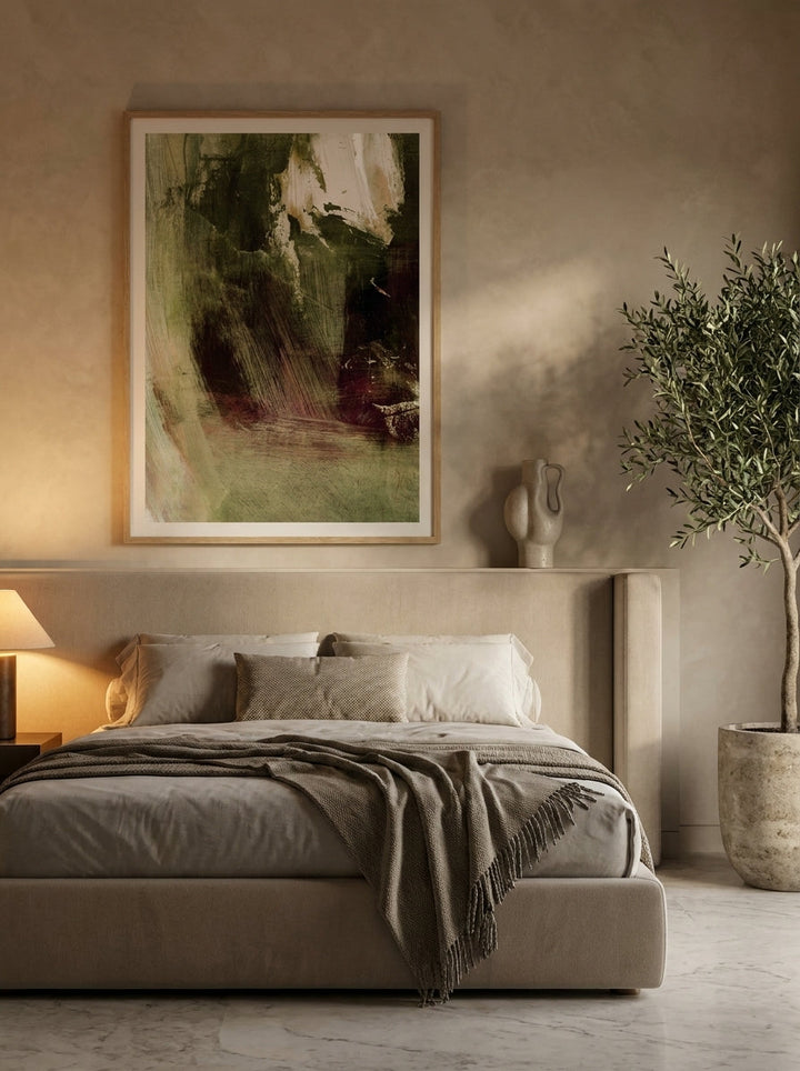 Oversized statement modern wall art print styled on the wall in a luxe bedroom