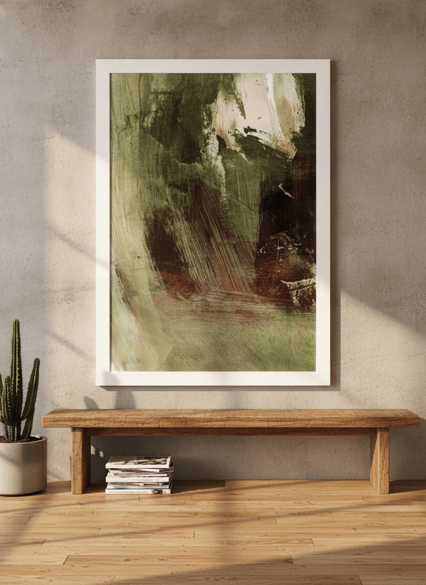 Modern wall art print standing on a bench in an industrial loft bedroom
