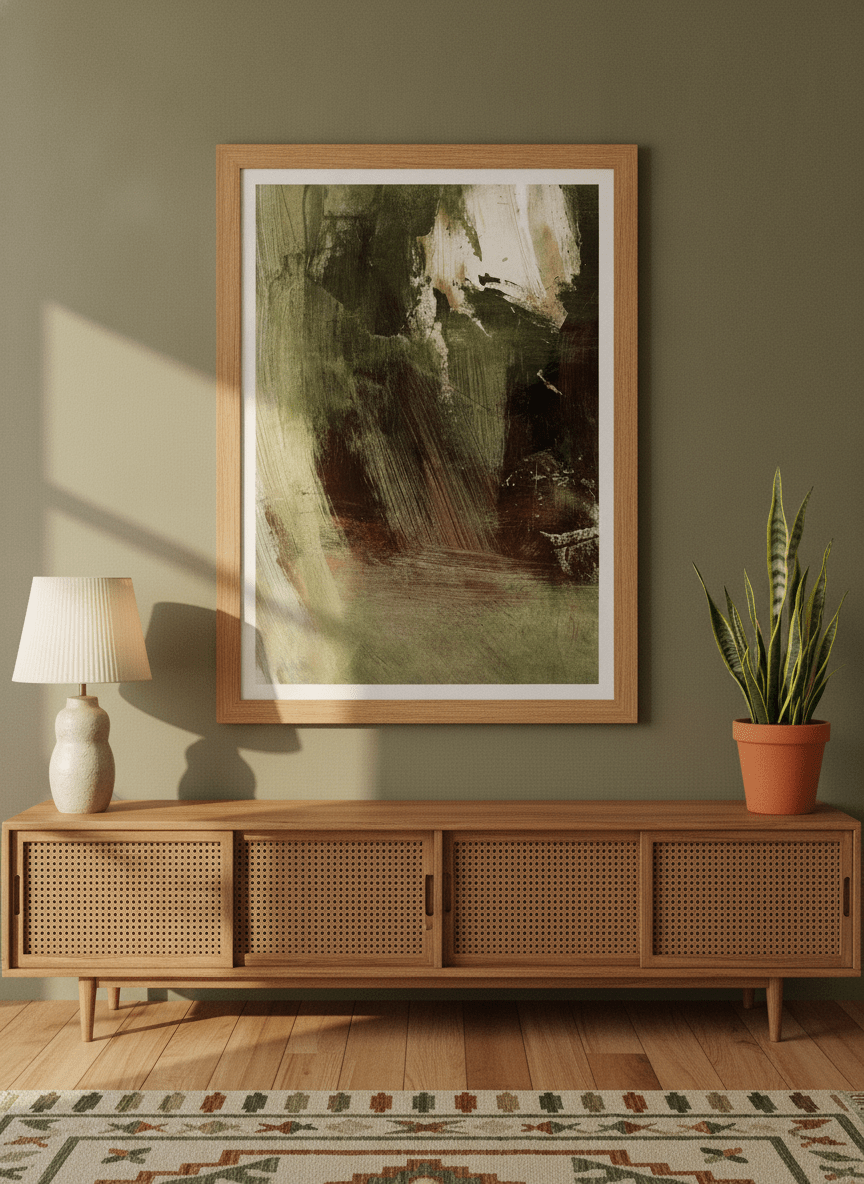 Modern wall art print styled on the wall in a mid-century living room
