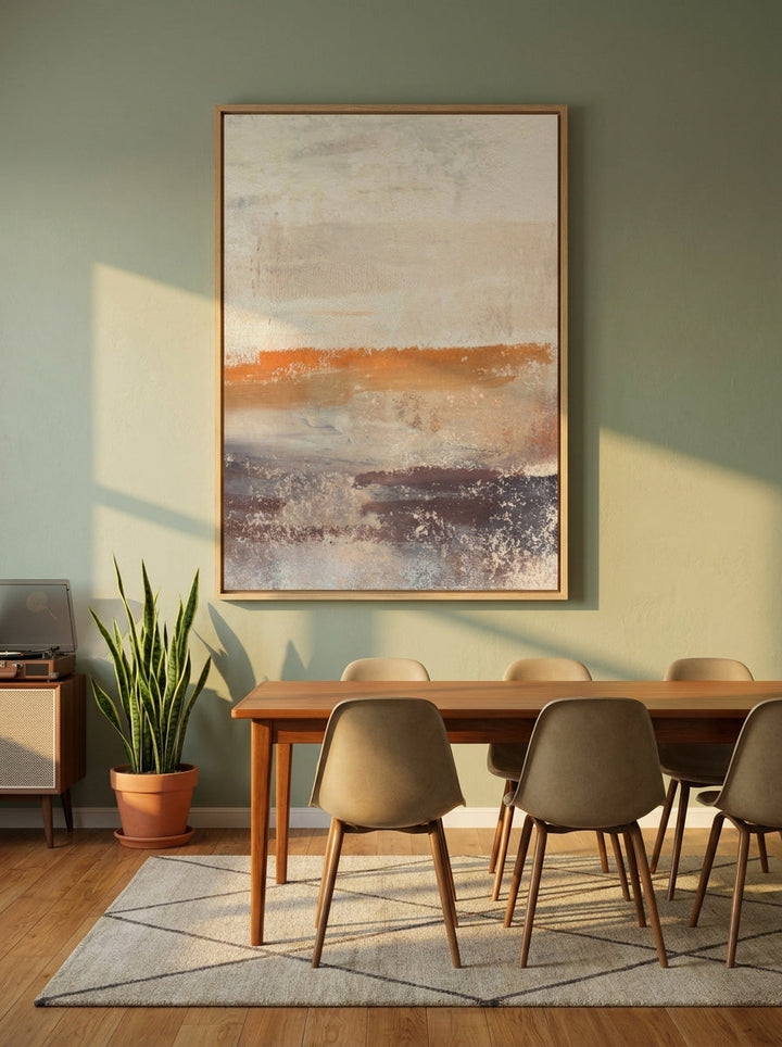 Oversized statement modern wall art print styled on the wall in a mid-century dining room