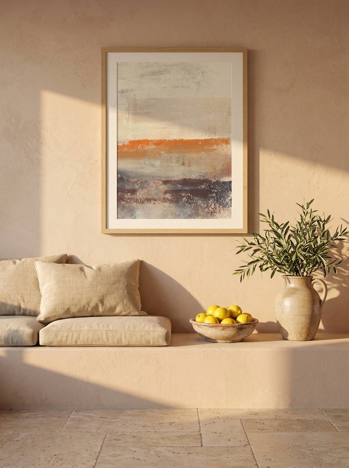 Modern wall art print styled on the wall in a Mediterranean living room