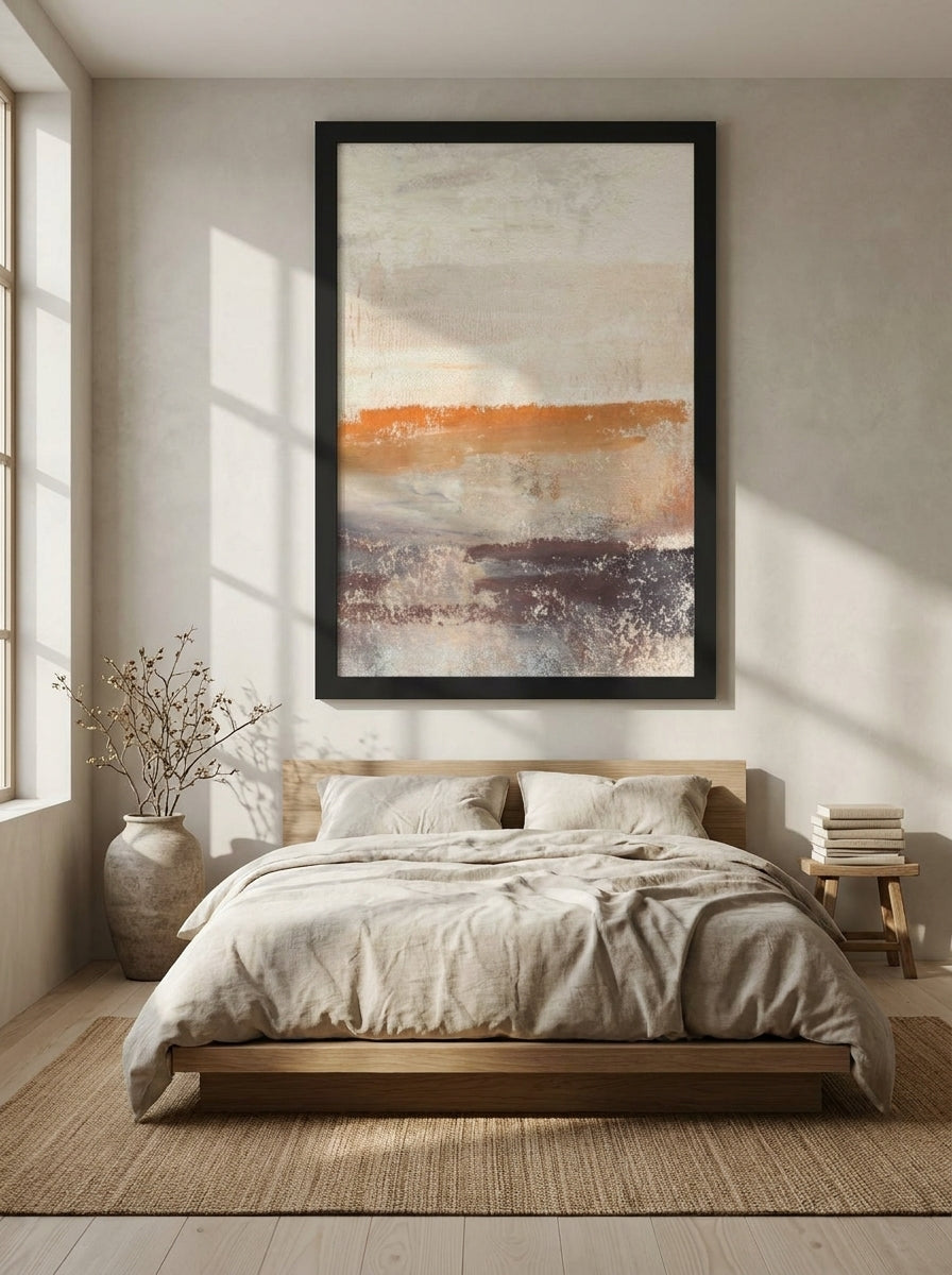 Oversized statement modern wall art print styled on the wall in a warm Japandi bedroom