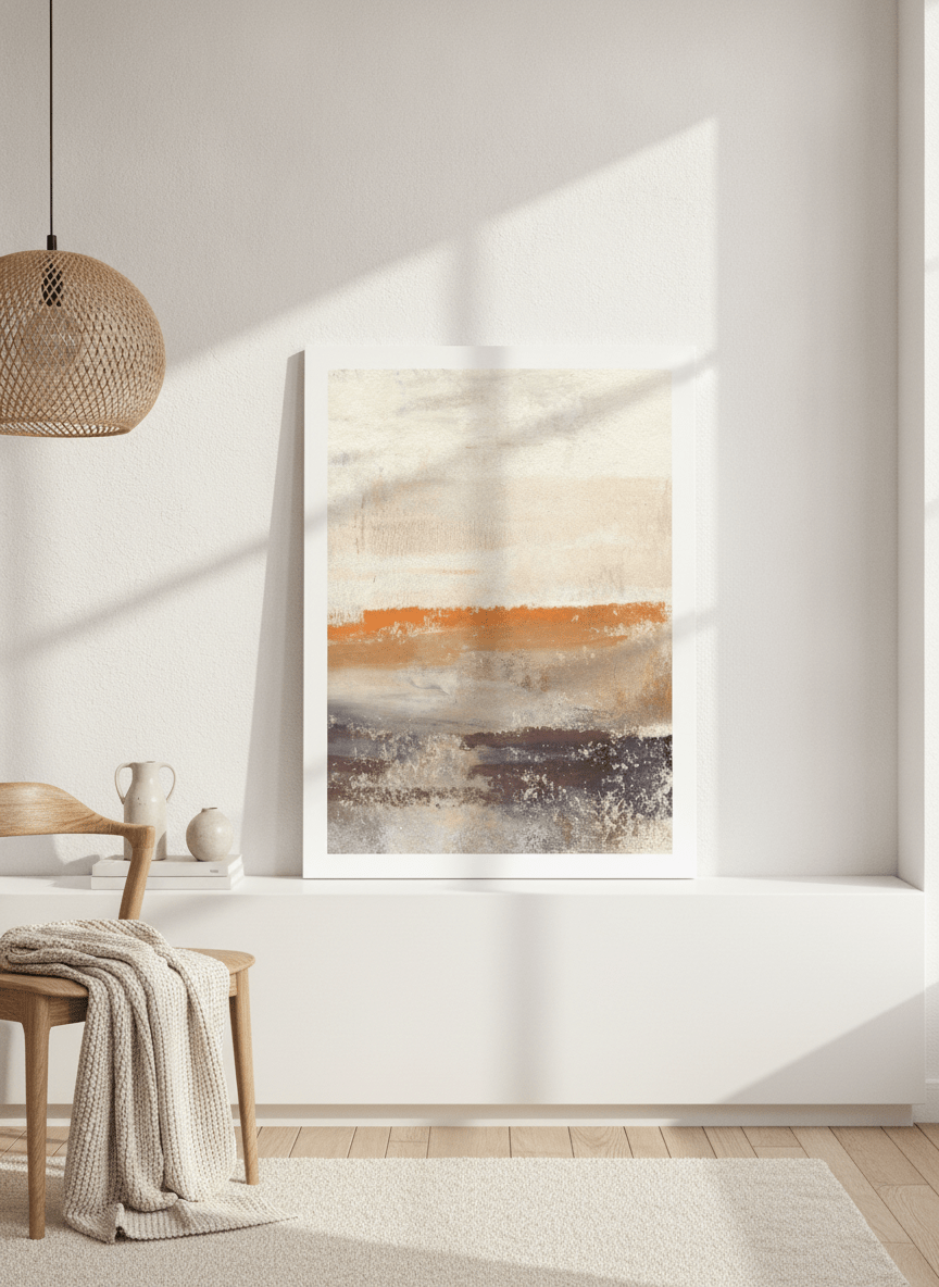 Modern wall art print standing on a sideboard in a bright Scandinavian home office