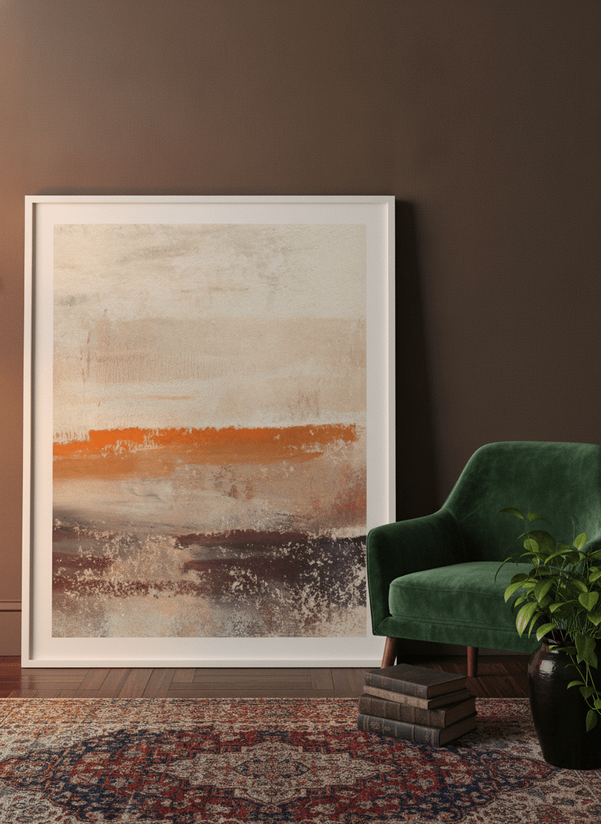 Modern wall art print leaning against the wall in a moody bedroom