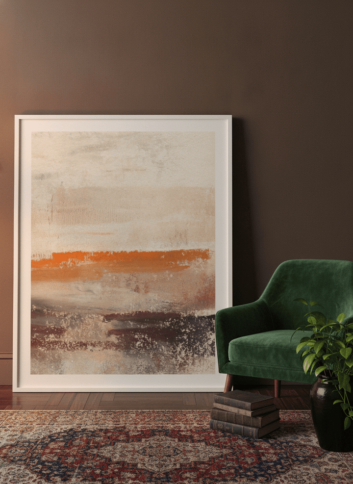 Modern wall art print leaning against the wall in a moody bedroom