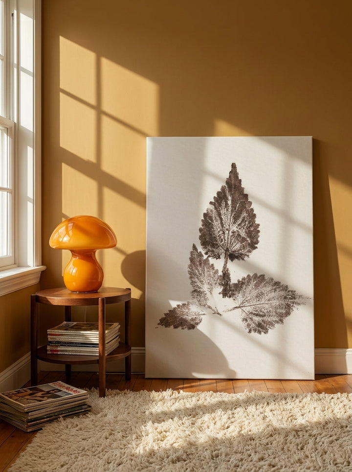 Stretched canvas wall art leaning against the wall in a retro 70s home office