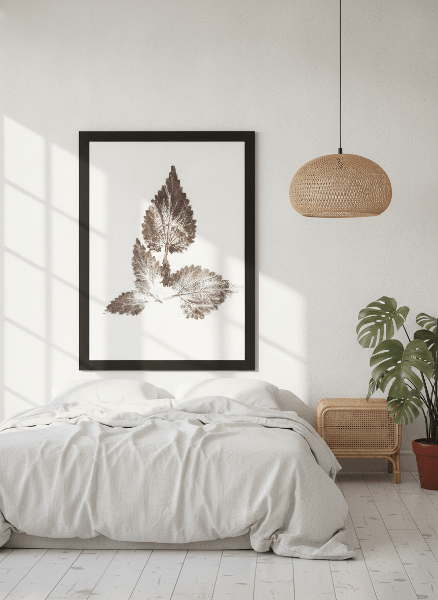 Oversized statement modern wall art print styled on the wall in a bright Scandinavian bedroom