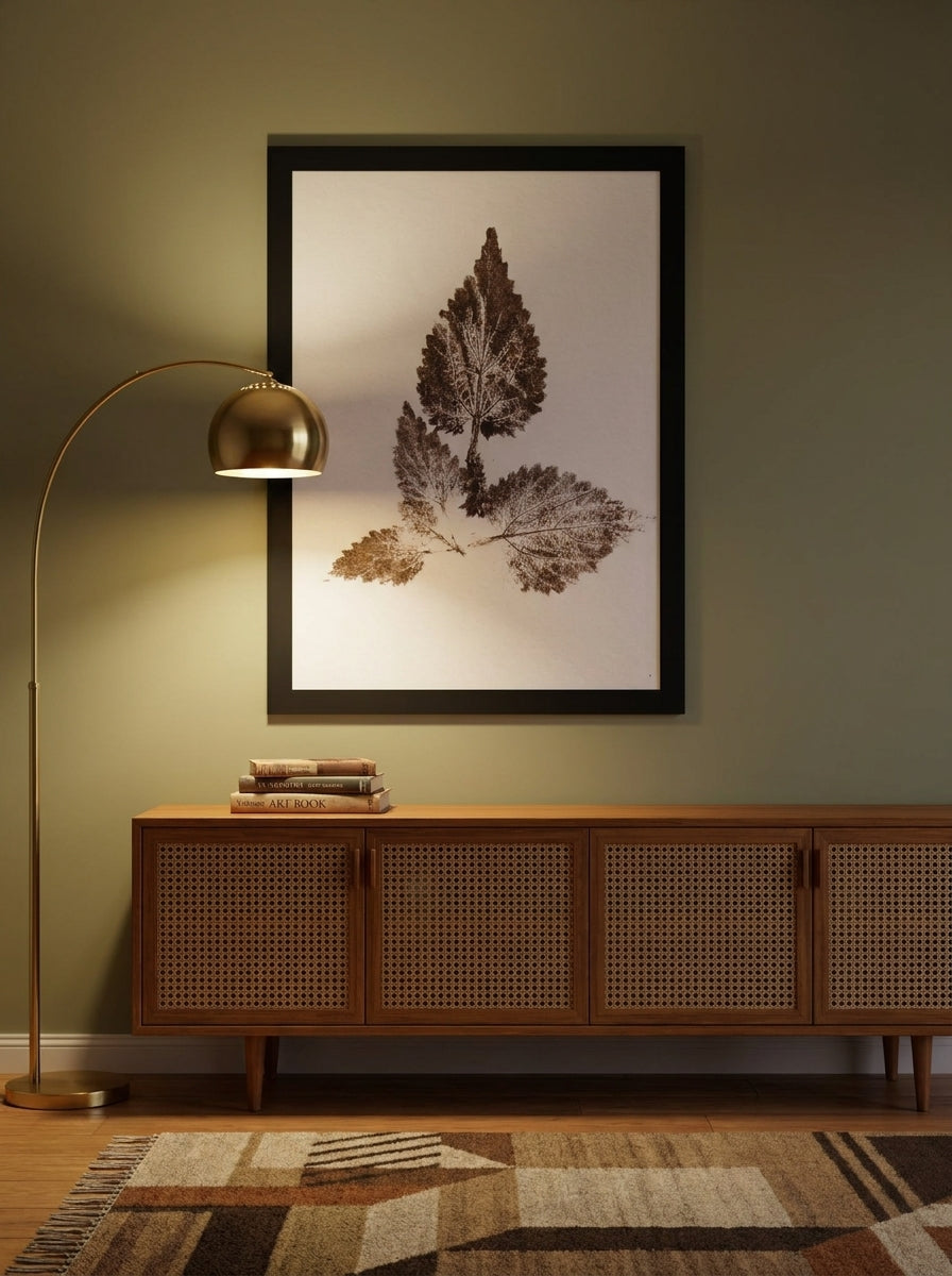 Modern wall art print styled on the wall in a mid-century living room
