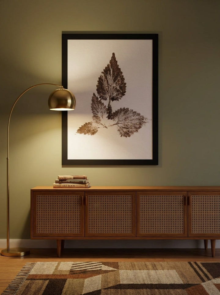 Modern wall art print styled on the wall in a mid-century living room