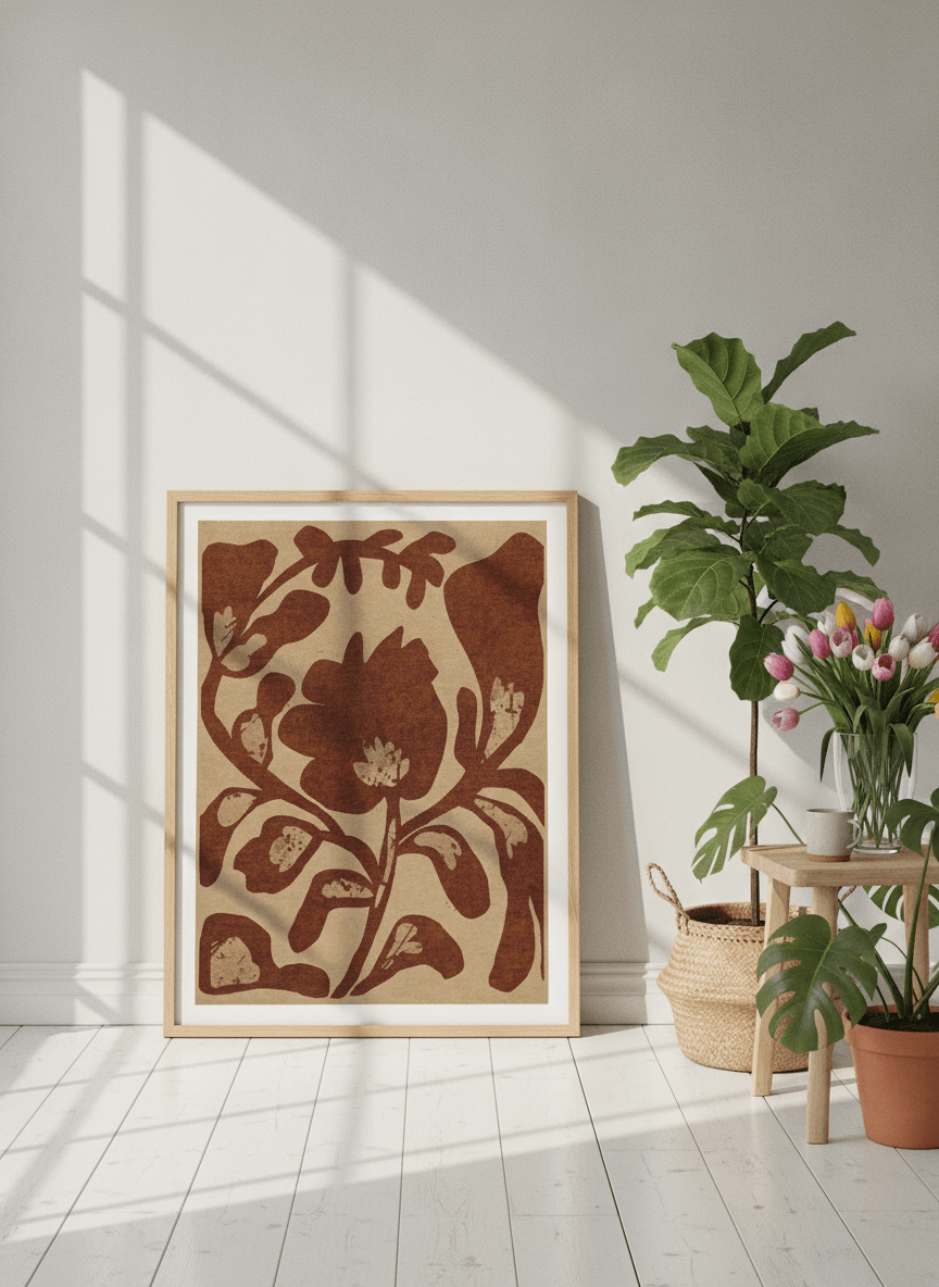 Modern wall art print leaning against the wall in a bright Scandinavian home office
