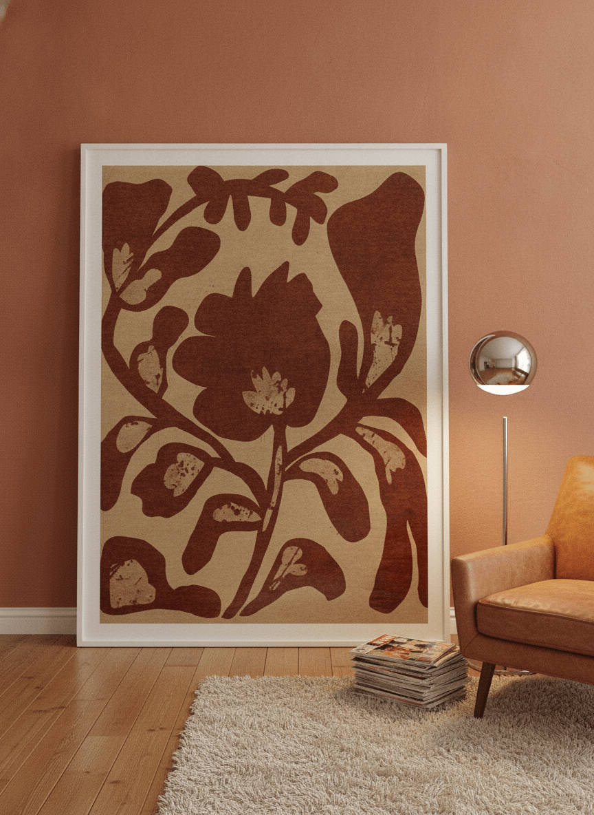 Oversized statement modern wall art print leaning against the wall in a retro 70s dining room
