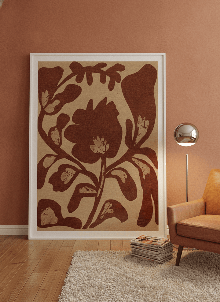 Oversized statement modern wall art print leaning against the wall in a retro 70s dining room