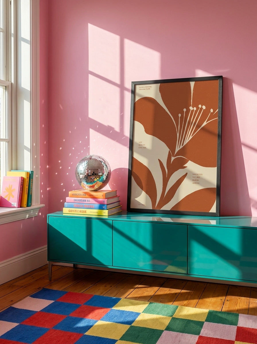 Modern wall art print standing on a sideboard in a colourful eclectic living room