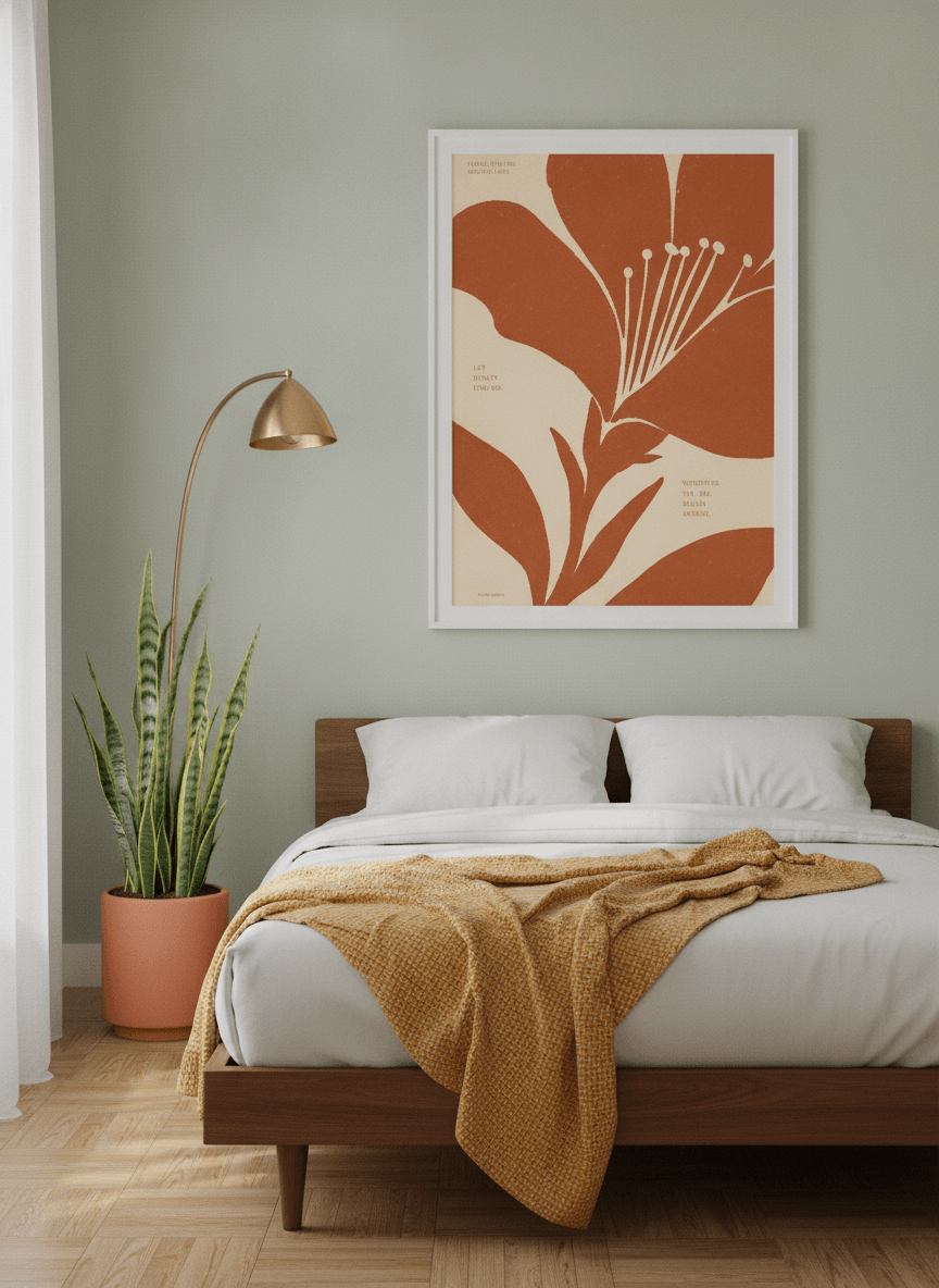 Modern wall art print styled on the wall in a mid-century bedroom