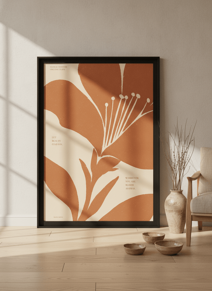 Oversized statement modern wall art print leaning against the wall in a warm Japandi bedroom