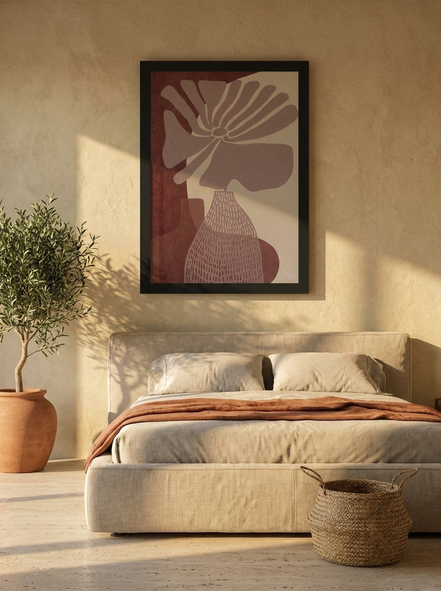 Modern wall art print styled on the wall in a Mediterranean bedroom