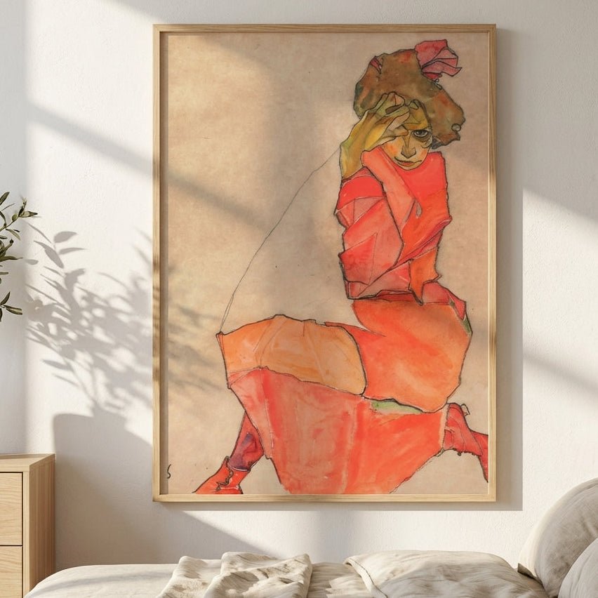 Egon Schiele - Kneeling Female in Orange Red Dress 1910 wall - art - picture - poster
