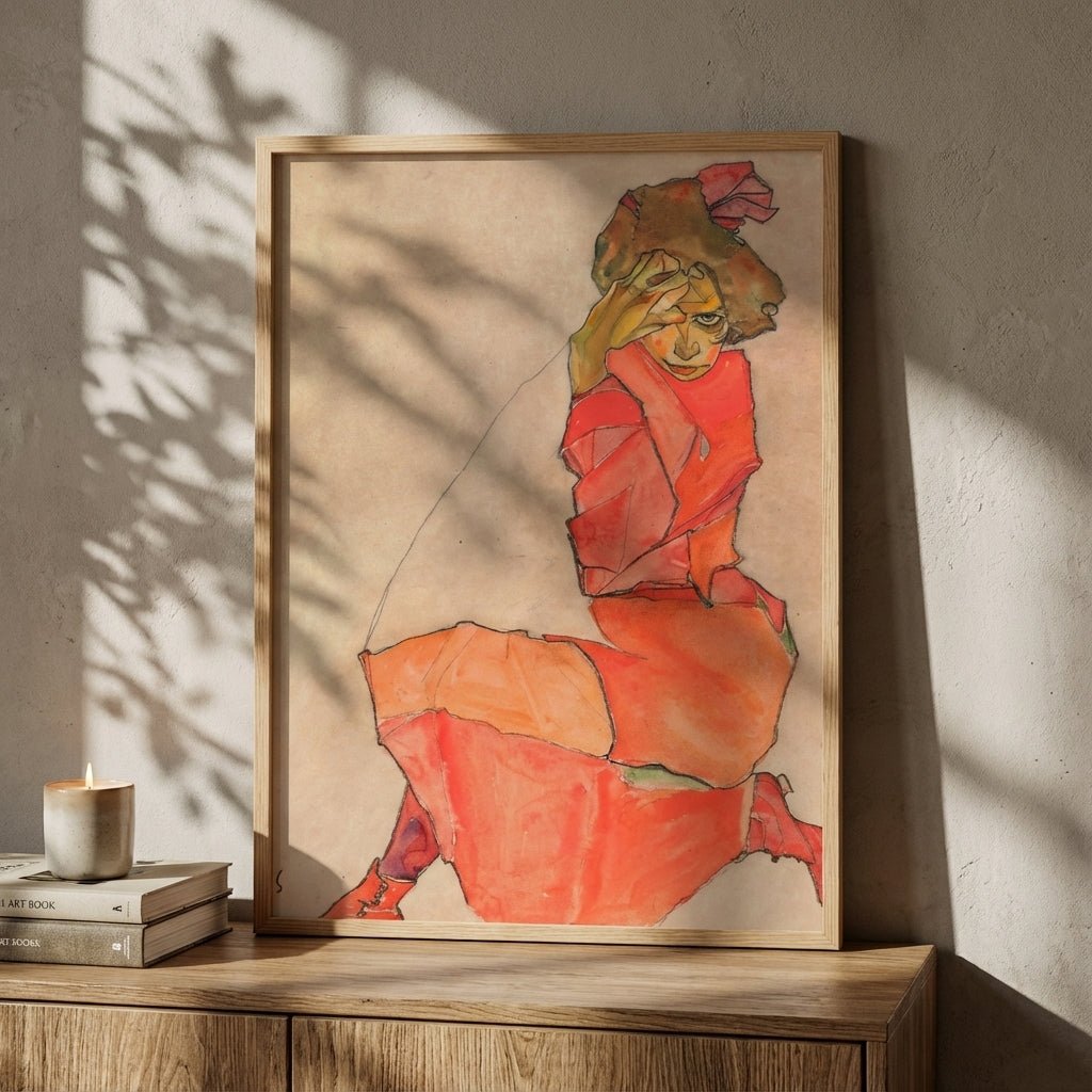 Egon Schiele - Kneeling Female in Orange Red Dress 1910 wall - art - picture - poster