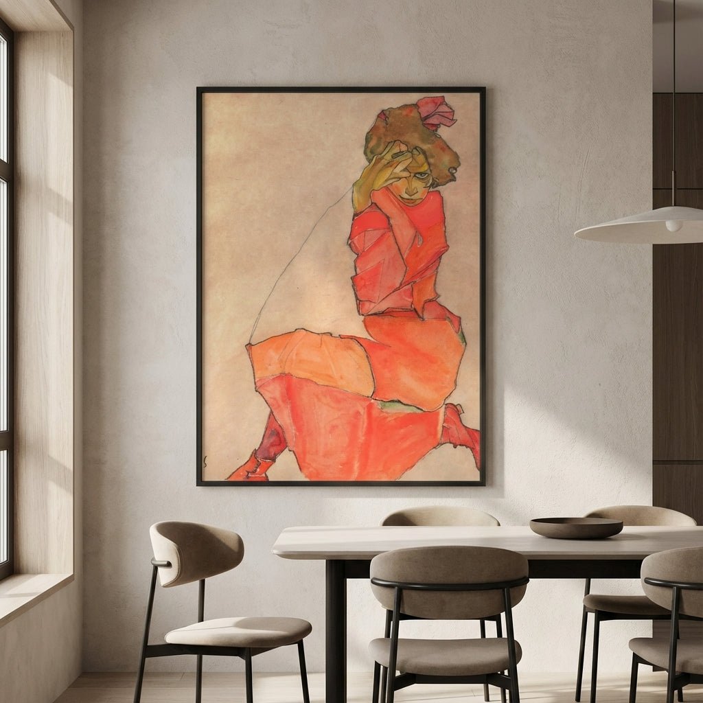 Egon Schiele - Kneeling Female in Orange Red Dress 1910 wall - art - picture - poster
