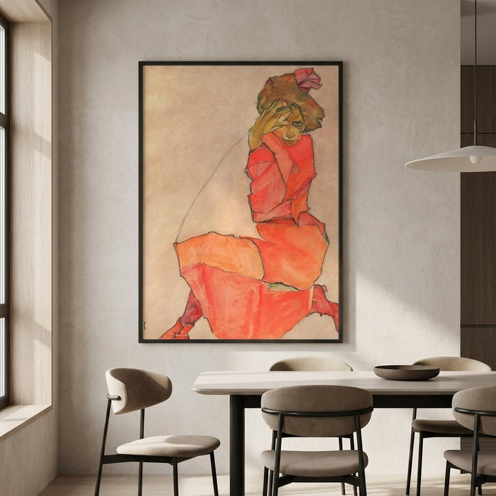 Egon Schiele - Kneeling Female in Orange Red Dress 1910 wall - art - picture - poster