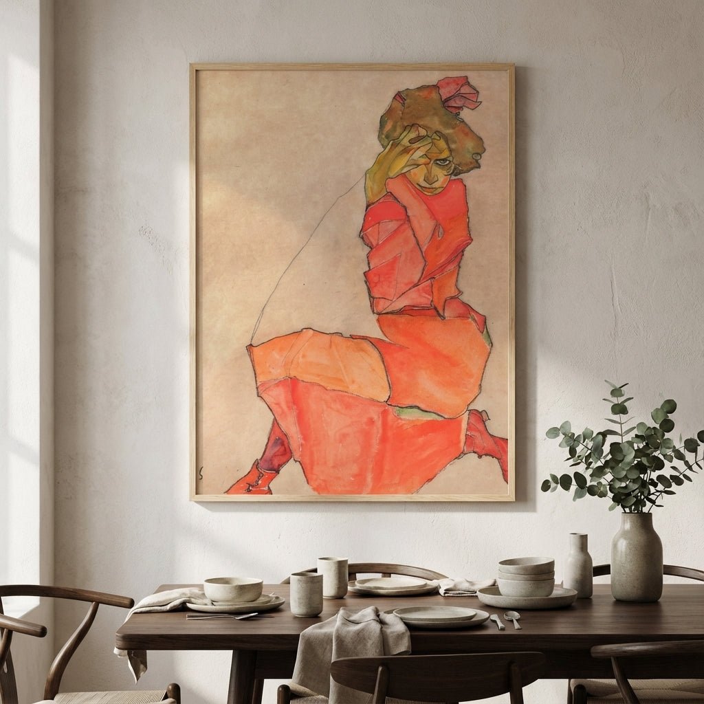Egon Schiele - Kneeling Female in Orange Red Dress 1910 wall - art - picture - poster
