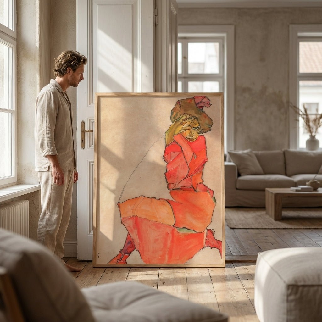 Egon Schiele - Kneeling Female in Orange Red Dress 1910 wall - art - picture - poster