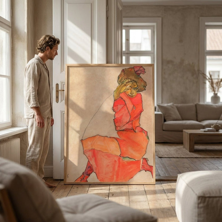 Egon Schiele - Kneeling Female in Orange Red Dress 1910 wall - art - picture - poster