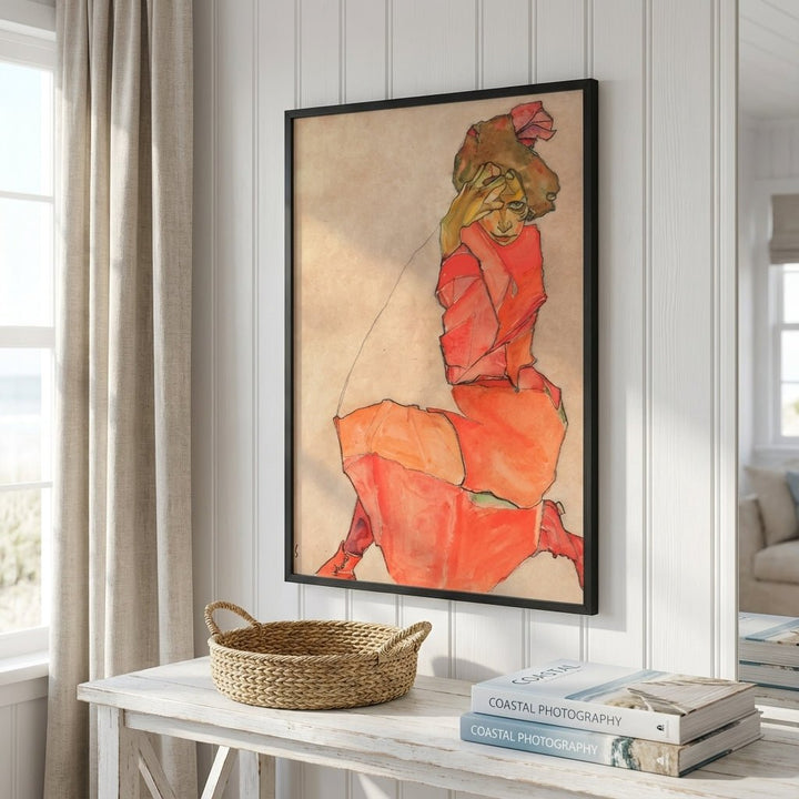 Egon Schiele - Kneeling Female in Orange Red Dress 1910 wall - art - picture - poster
