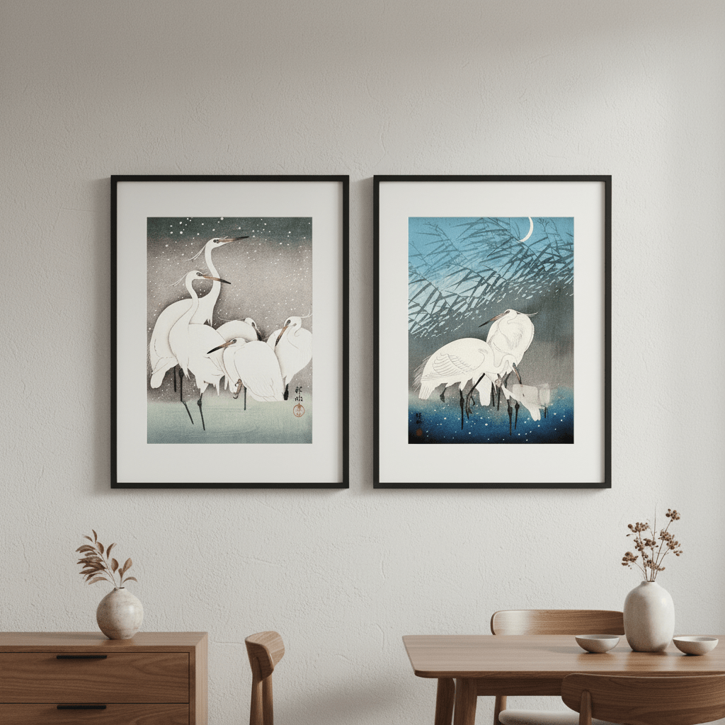 Egret Japanese Birds Woodblock Prints Set of 2 by Ohara Koson wall - art - picture - poster