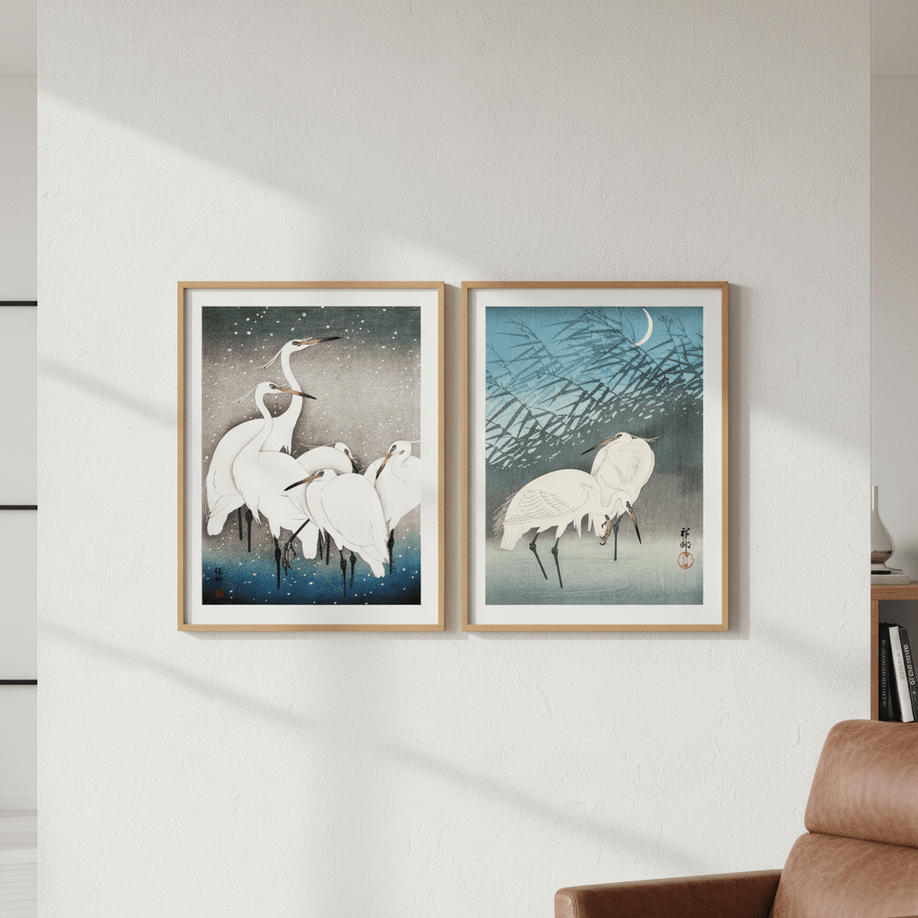 Egret Japanese Birds Woodblock Prints Set of 2 by Ohara Koson wall - art - picture - poster