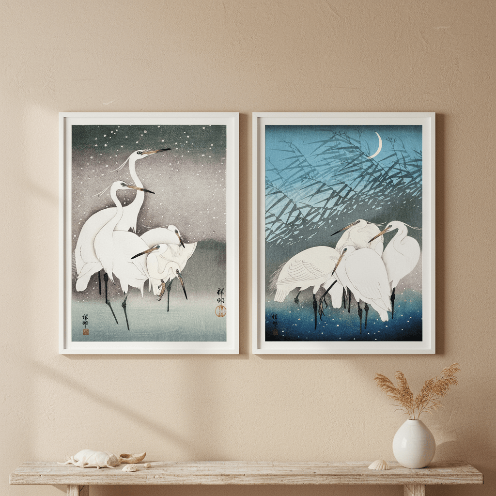 Egret Japanese Birds Woodblock Prints Set of 2 by Ohara Koson wall - art - picture - poster