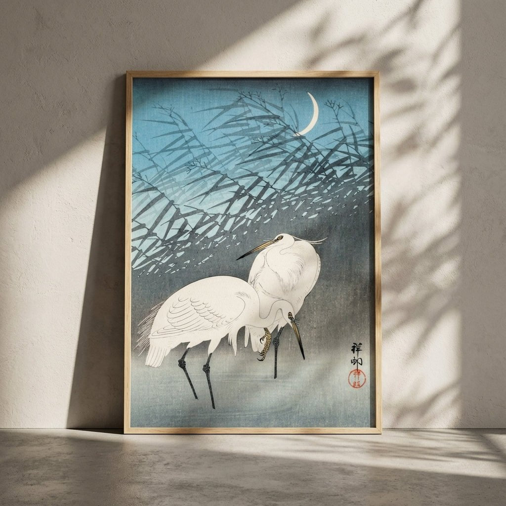 Egrets and Reeds in Moonlight by Ohara Koson wall - art - picture - poster