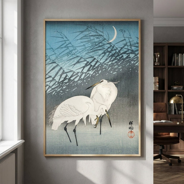 Egrets and Reeds in Moonlight by Ohara Koson wall - art - picture - poster