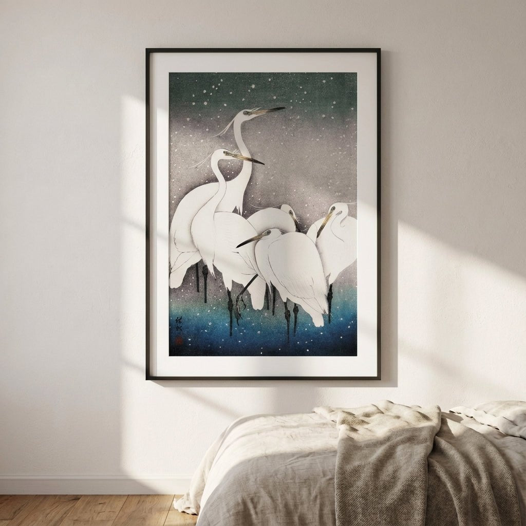 Egrets Birds in Snow 1925 Japanese Woodblock Print wall - art - picture - poster