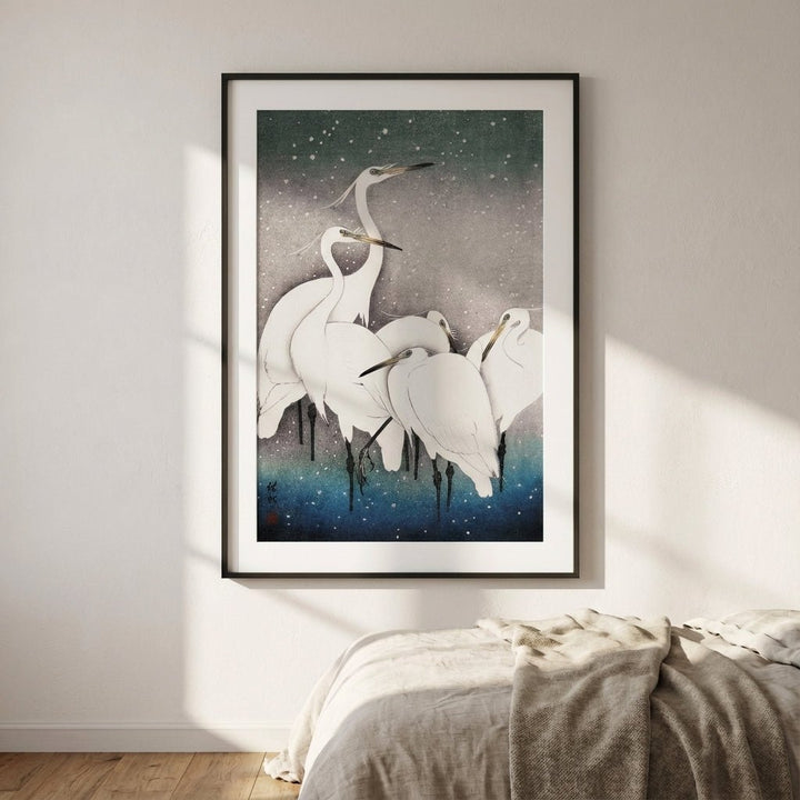 Egrets Birds in Snow 1925 Japanese Woodblock Print wall - art - picture - poster