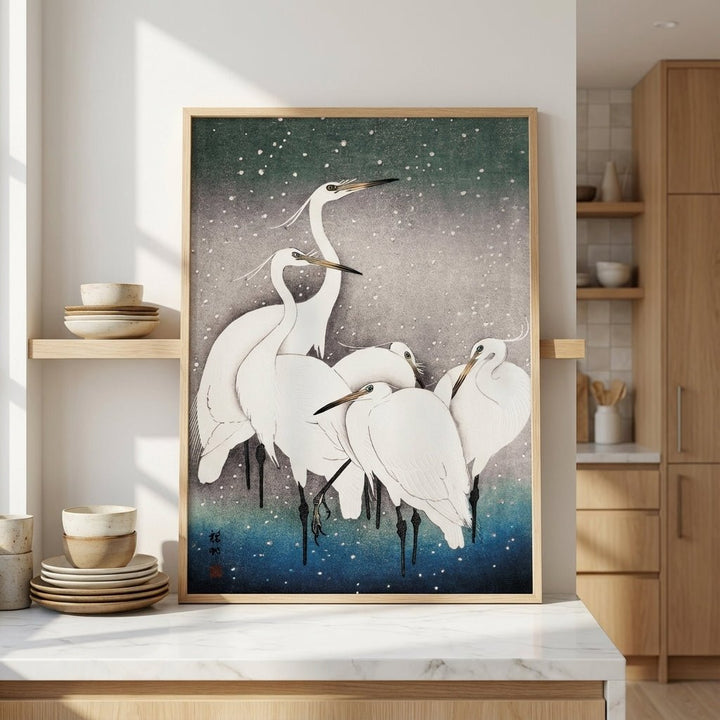 Egrets Birds in Snow 1925 Japanese Woodblock Print wall - art - picture - poster