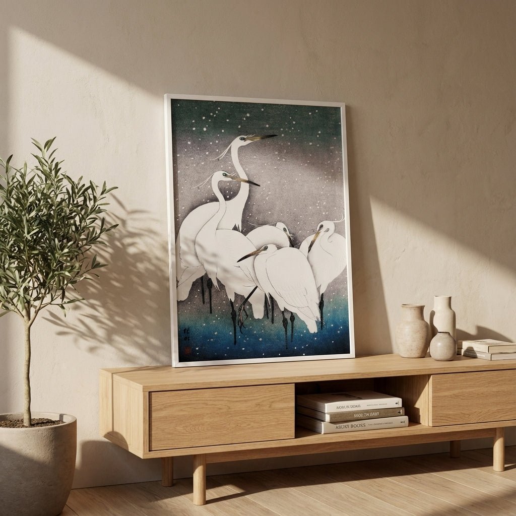 Egrets Birds in Snow 1925 Japanese Woodblock Print wall - art - picture - poster