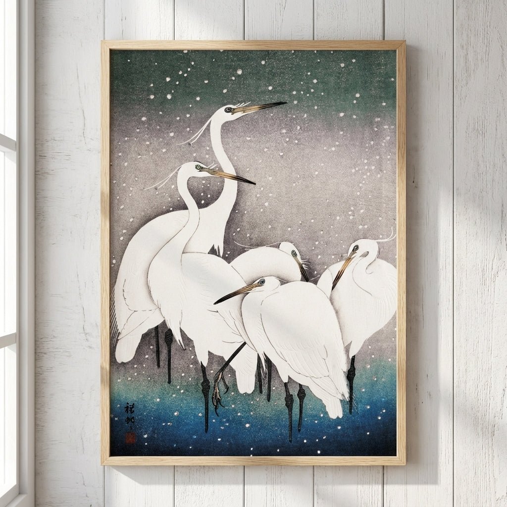 Egrets Birds in Snow 1925 Japanese Woodblock Print wall - art - picture - poster