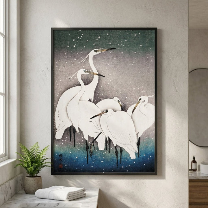 Egrets Birds in Snow 1925 Japanese Woodblock Print wall - art - picture - poster