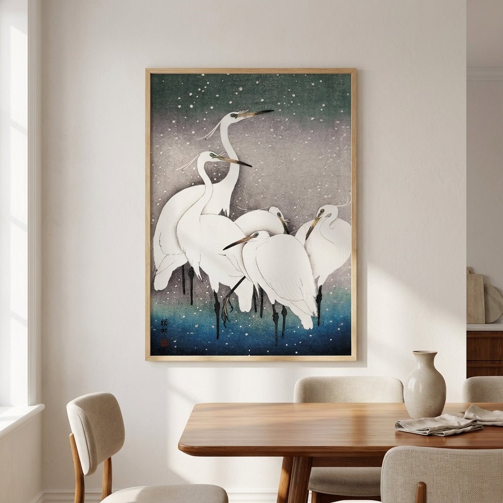Egrets Birds in Snow 1925 Japanese Woodblock Print wall - art - picture - poster