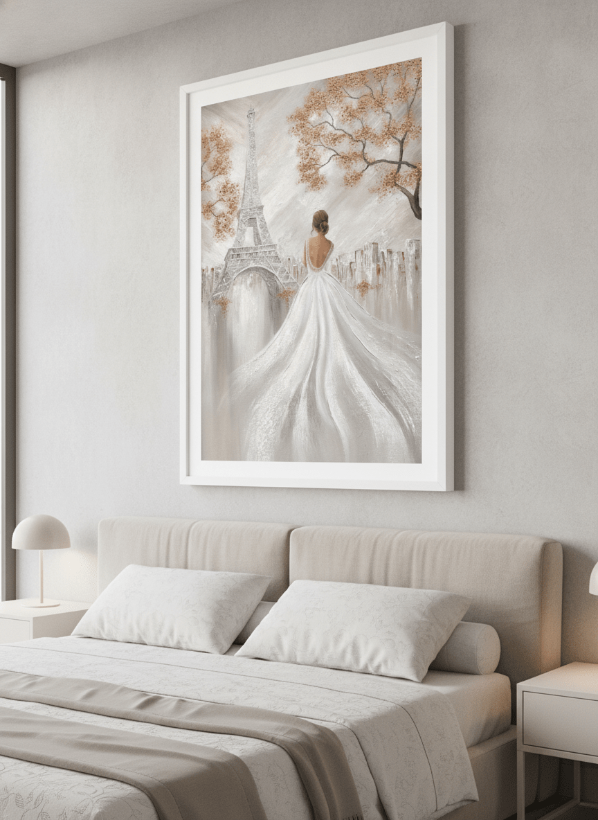 Minimalist artwork displayed in a calm, light-filled bedroom interior