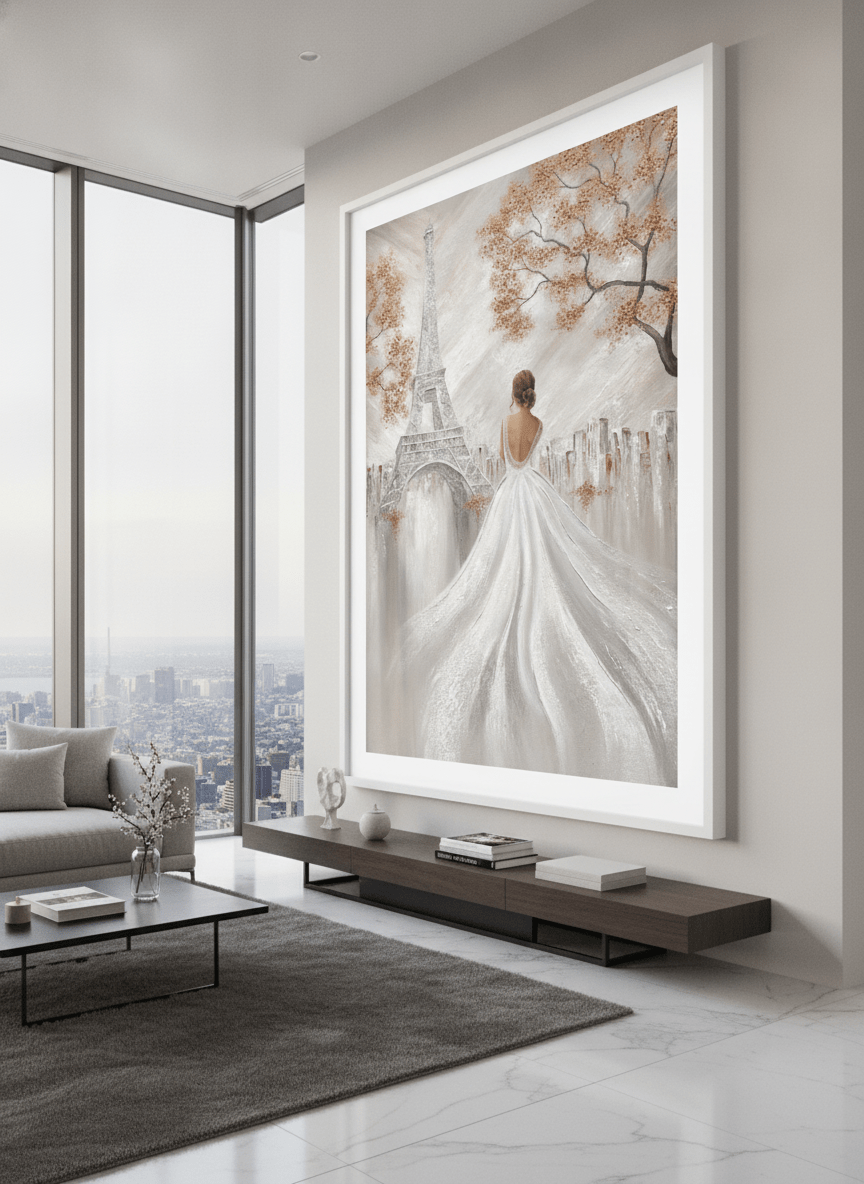 Monumental artwork centred on a feature wall in a luxe interior