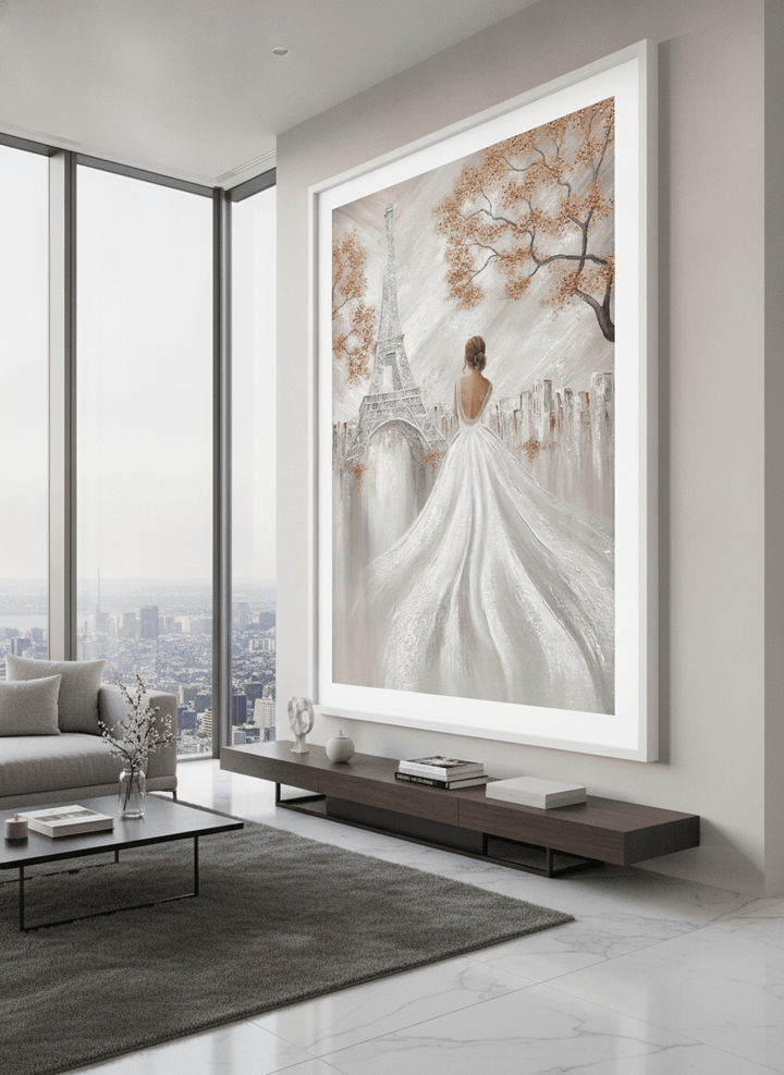 Monumental artwork centred on a feature wall in a luxe interior