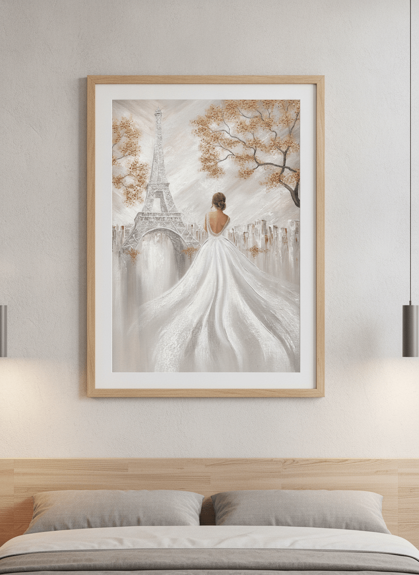 Minimalist artwork displayed in a calm, light-filled bedroom interior