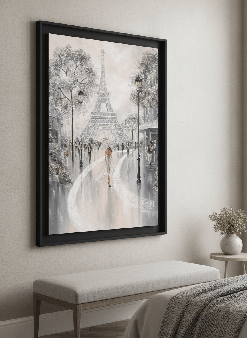 Minimalist artwork displayed in a calm, light-filled bedroom interior